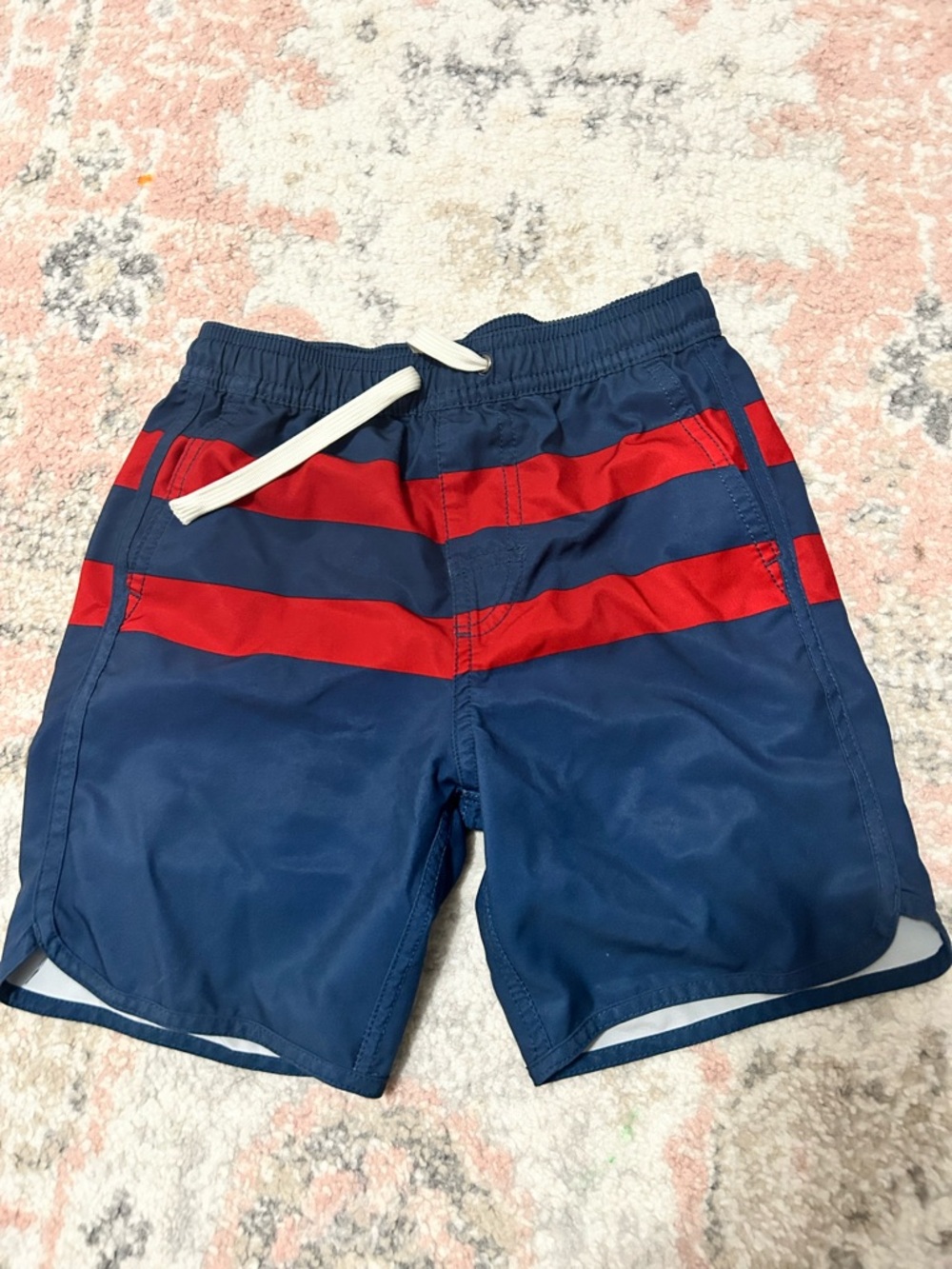 Fair Harbor Kids Navy Swim Trunks with Red Stripes